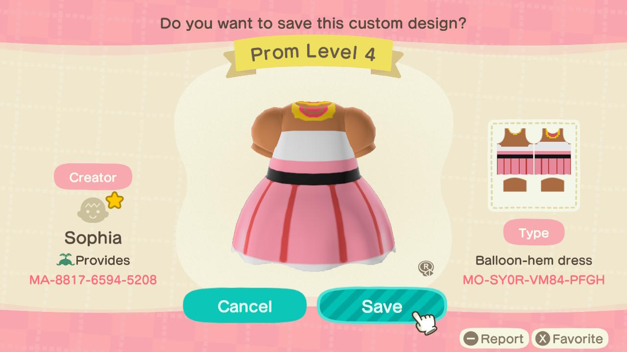 Animal Crossing Design Code: MO-SY0R-VM84-PFGH Prom Level 4