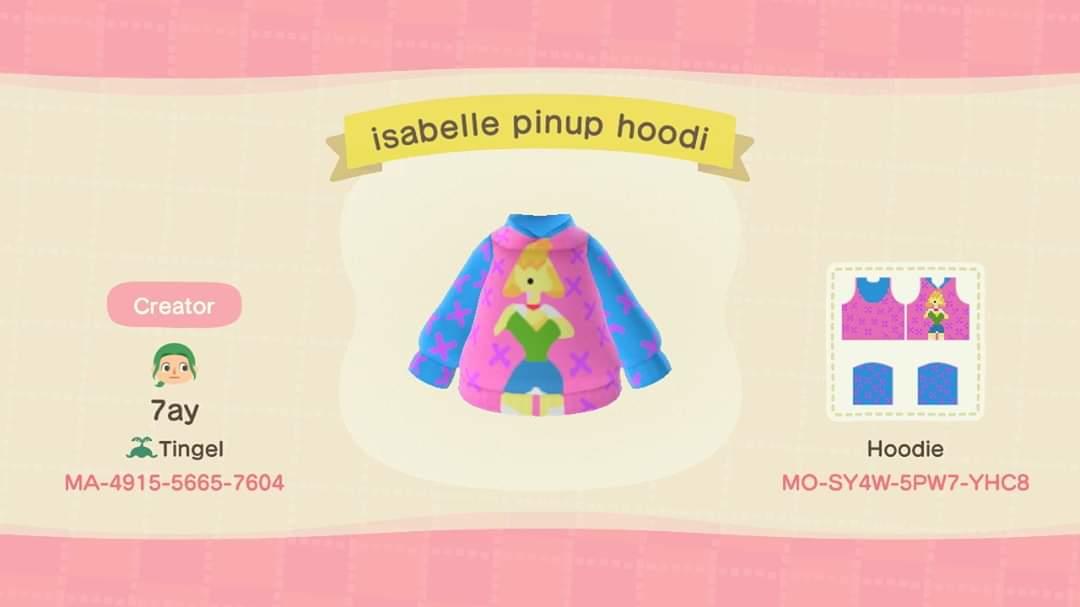 Animal Crossing Design Code: MO-SY4W-5PW7-YHC8 Isabelle pinup hoodi