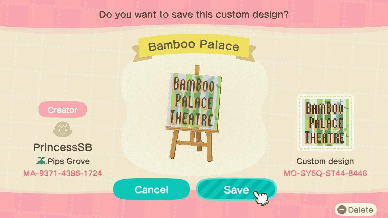 Animal Crossing Design Code: MO-SY5Q-ST44-8446 Bamboo Palace Sign