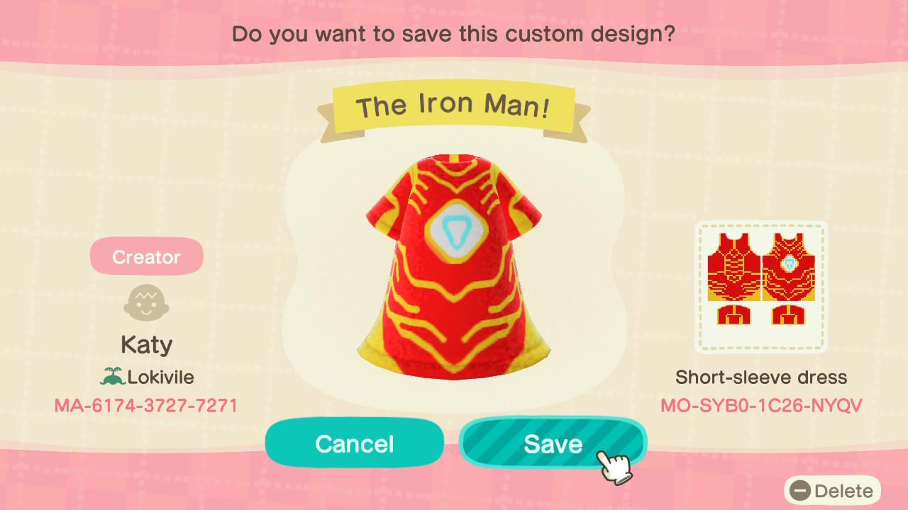 Animal Crossing Design Code: MO-SYB0-1C26-NYQV The Iron Man