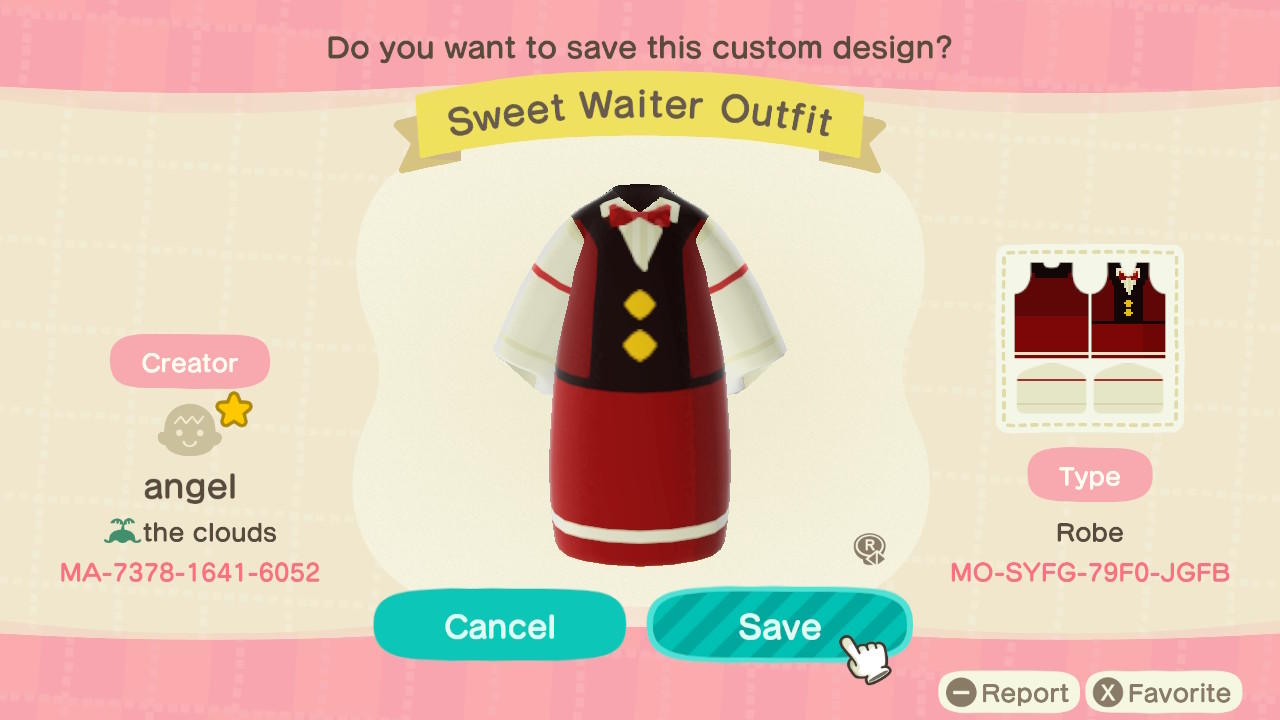 Animal Crossing Design Code: MO-SYFG-79F0-JGFB Sweet Waiter Outfit