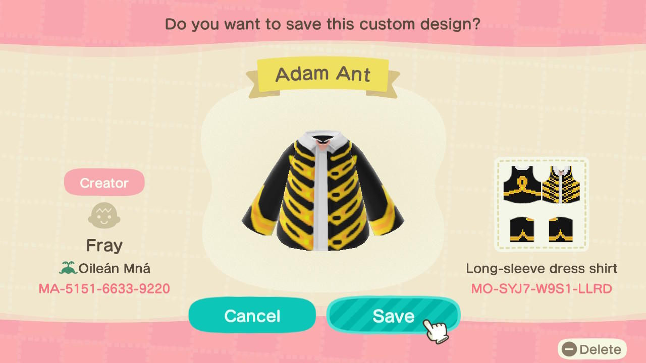 Animal Crossing Design Code: MO-SYJ7-W9S1-LLRD Adam Ant jacket