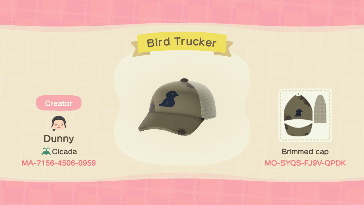Animal Crossing Design Code: MO-SYQS-FJ9V-QPDK Bird Trucker Hat