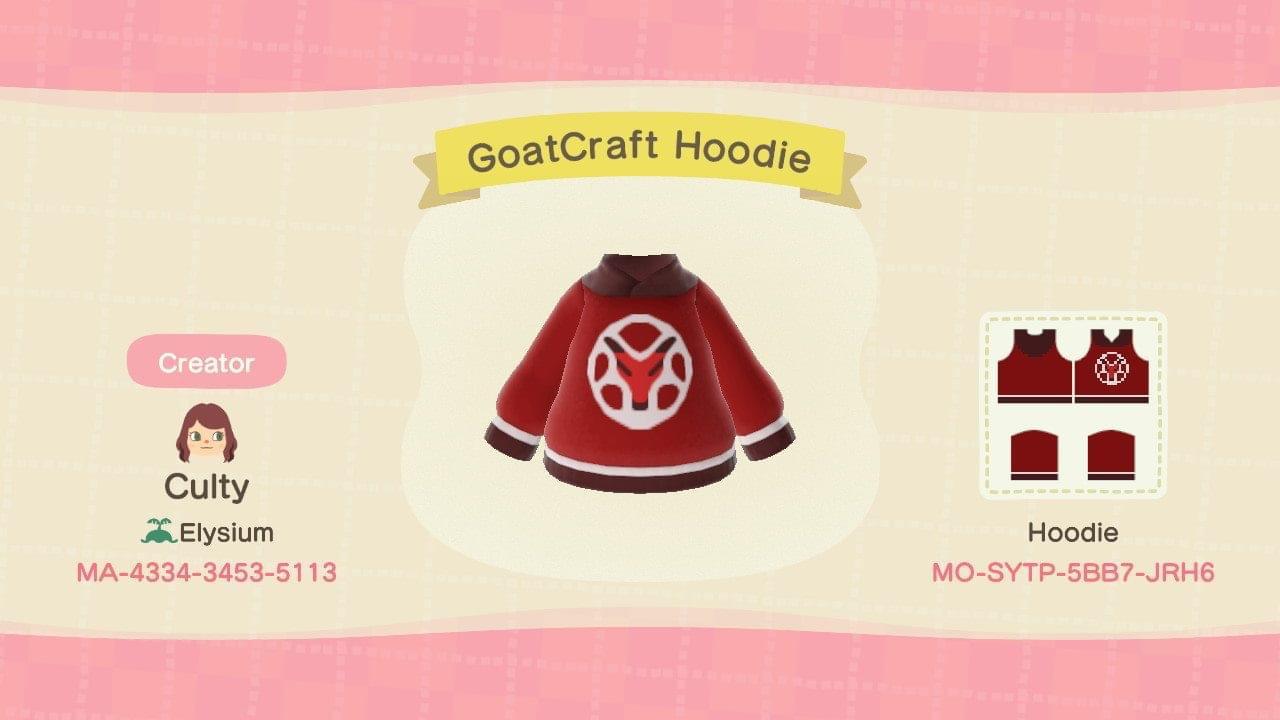 Animal Crossing Design Code: MO-SYTP-5BB7-JRH6 GoatCraft Hoodie