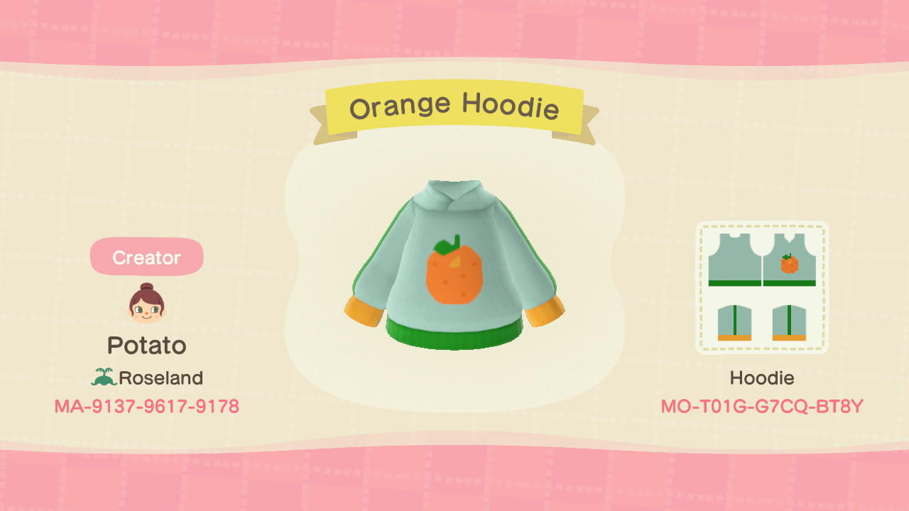 Animal Crossing Design Code: MO-T01G-G7CQ-BT8Y Orange Hoodie