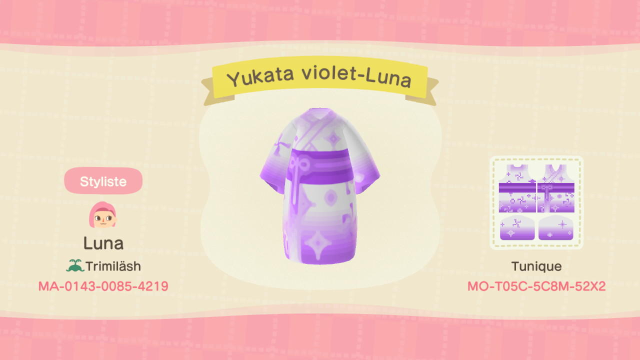 Animal Crossing Design Code: MO-T05C-5C8M-52X2 Purple Yukata