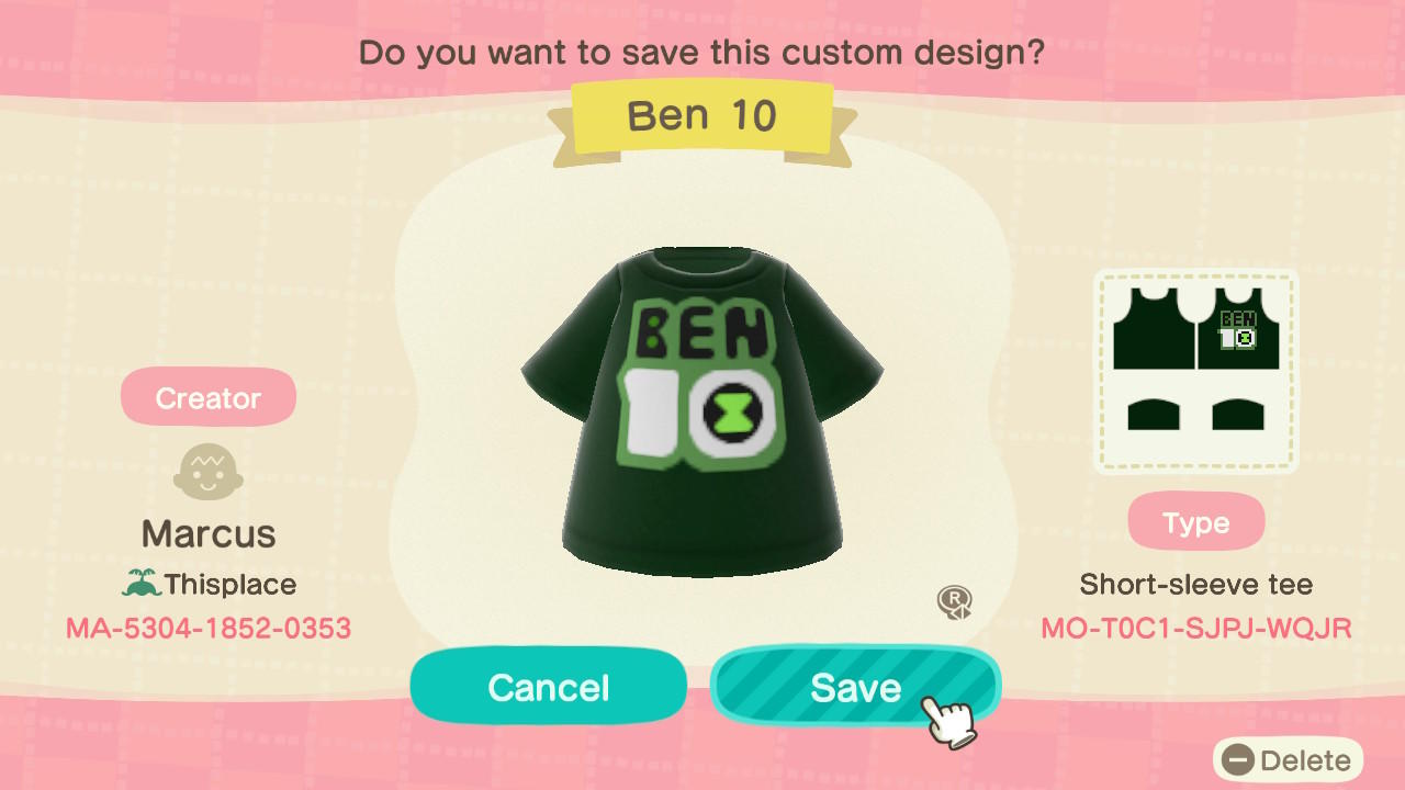 Animal Crossing Design Code: MO-T0C1-SJPJ-WQJR Ben 10