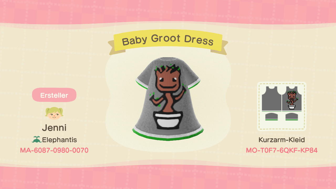 Animal Crossing Design Code: MO-T0F7-6QKF-KP84 Baby Groot Dress