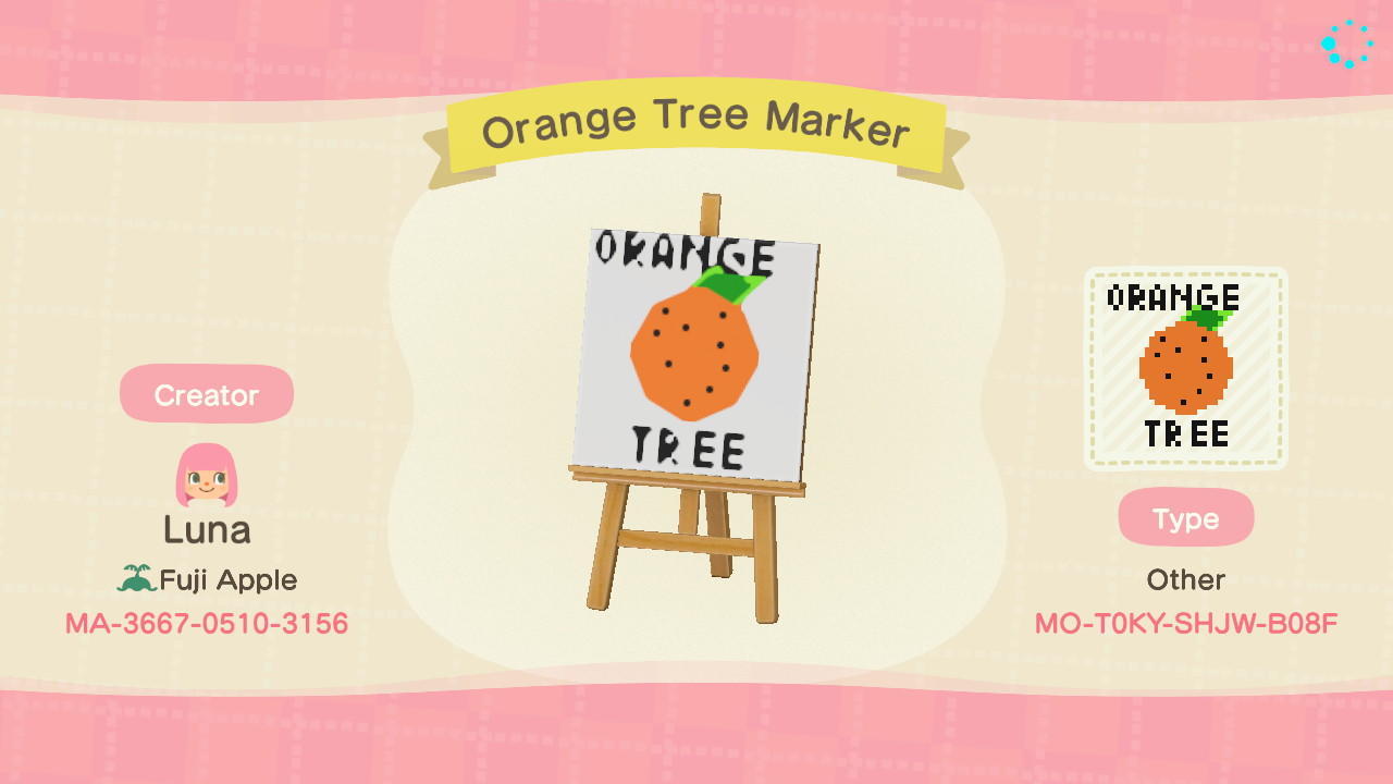 Animal Crossing Design Code: MO-T0KY-SHJW-B08F Orange Tree Marker