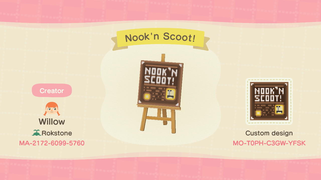 Animal Crossing Design Code: MO-T0PH-C3GW-YFSK Nook &#39;n Scoot!