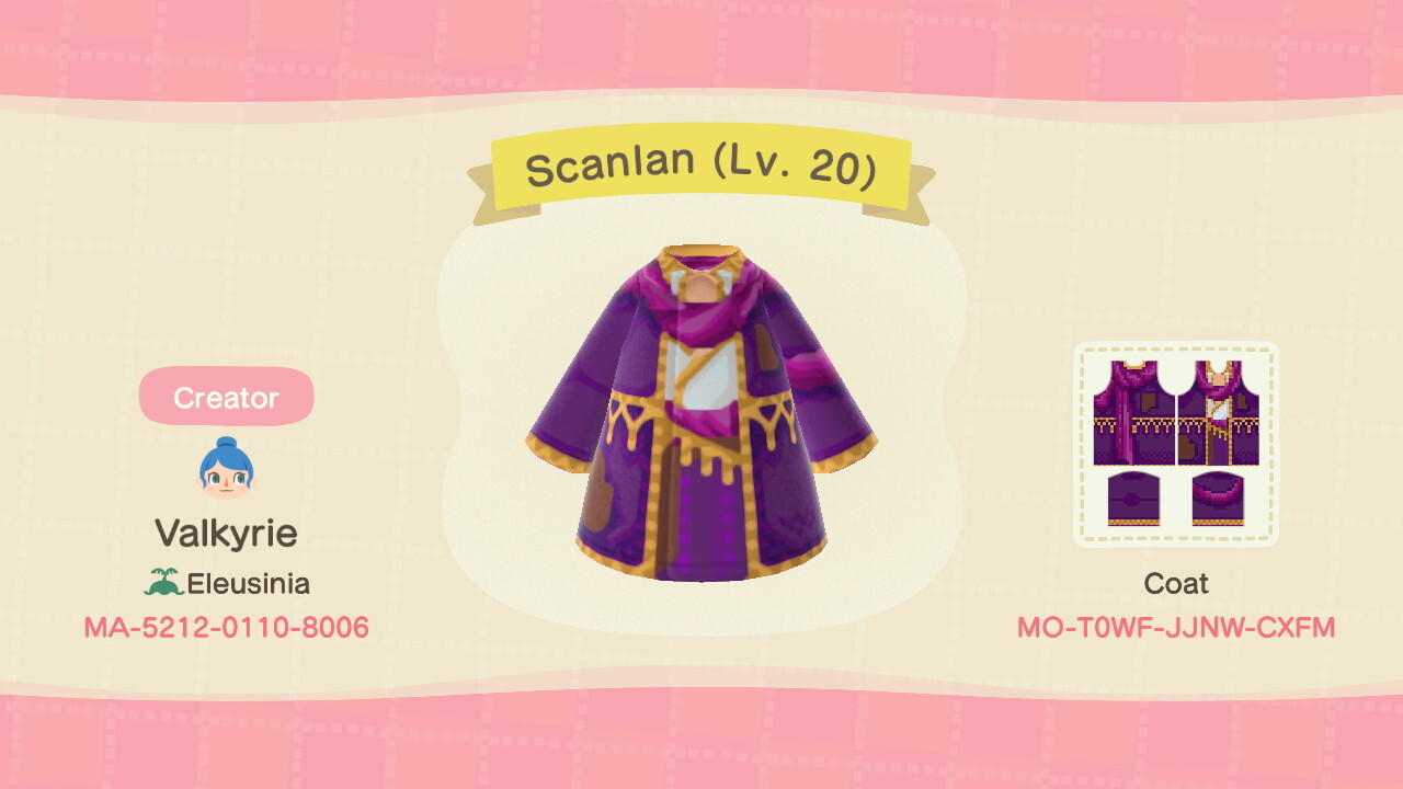 Animal Crossing Design Code: MO-T0WF-JJNW-CXFM Scanlan (Lv. 20)