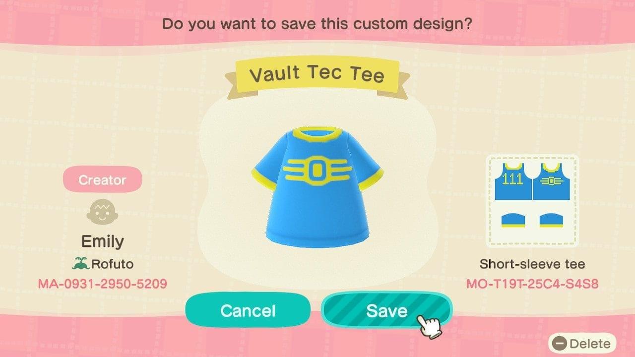 Animal Crossing Design Code: MO-T19T-25C4-S4S8 Vault Tec Tee