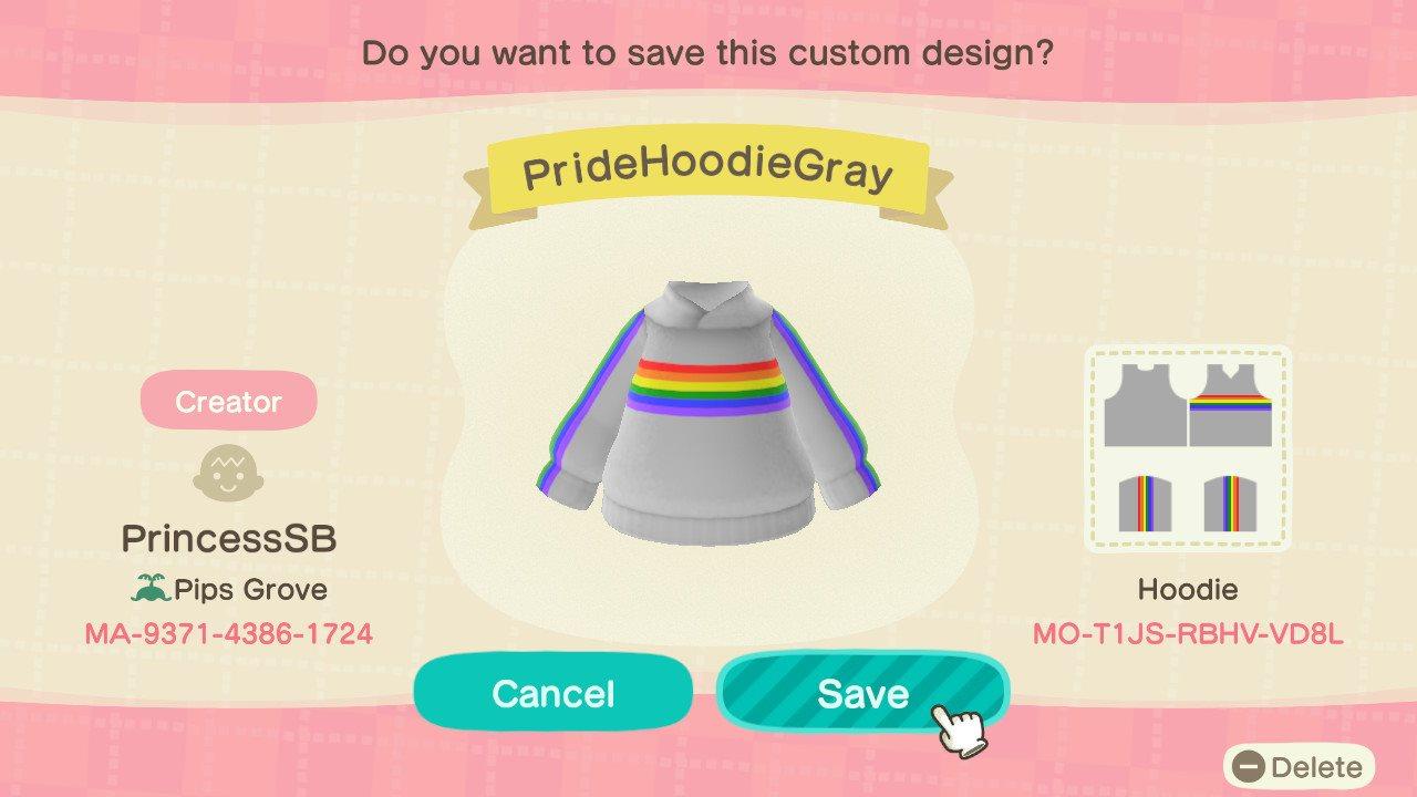 Animal Crossing Design Code: MO-T1JS-RBHV-VD8L Rainbow Pride Hoodie