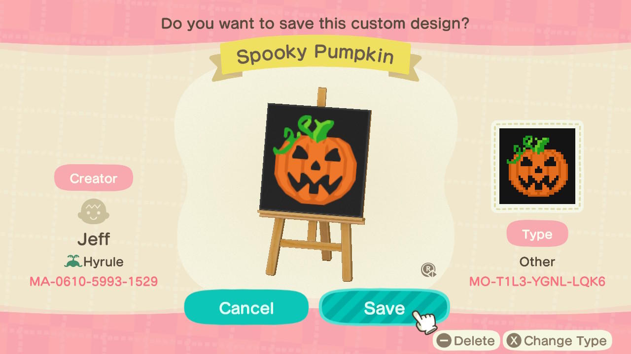 Animal Crossing Design Code: MO-T1L3-YGNL-LQK6 Spooky Pumpkin