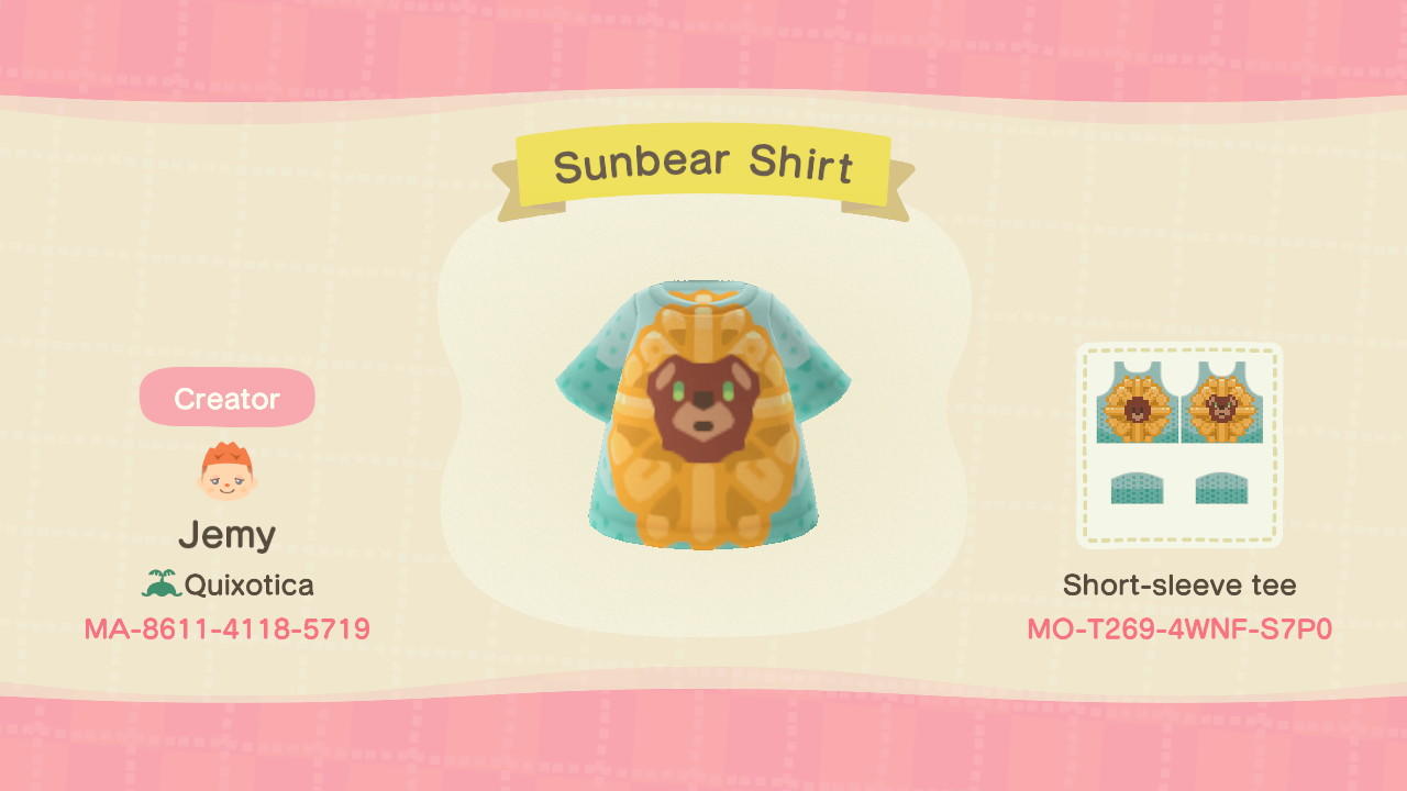 Animal Crossing Design Code: MO-T269-4WNF-S7P0 Sunbear Shirt