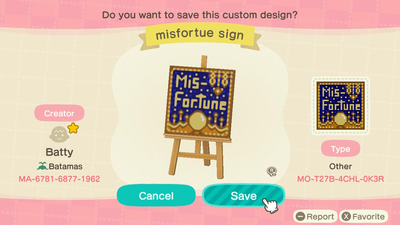 Animal Crossing Design Code: MO-T27B-4CHL-0K3R Misfortune Sign