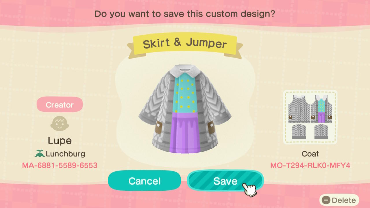 Animal Crossing Design Code: MO-T294-RLKO-MFY4 Skirt & Jumper