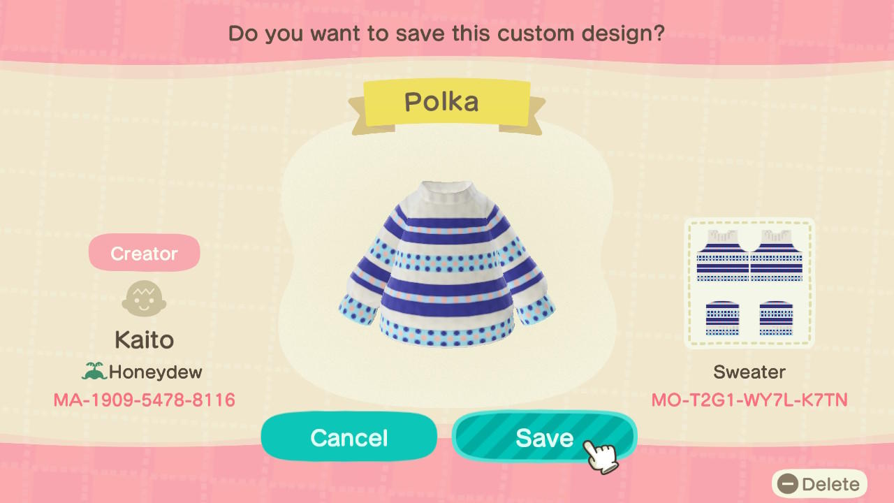Animal Crossing Design Code: MO-T2G1-WY7L-K7TN Polka