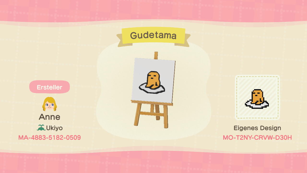 Animal Crossing Design Code: MO-T2NY-CRVW-D30H Gudetama Sanrio