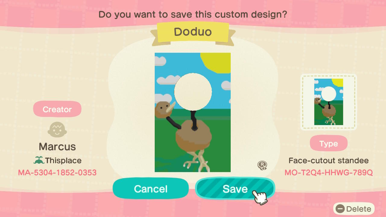 Animal Crossing Design Code: MO-T2Q4-HHWG-789Q Doduo