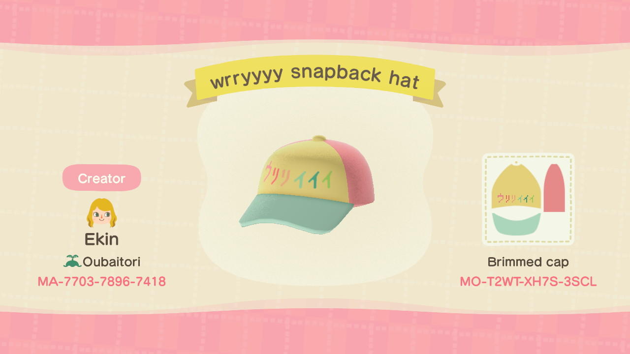Animal Crossing Design Code: MO-T2WT-XH7S-3SCL wrryyy snapback hat