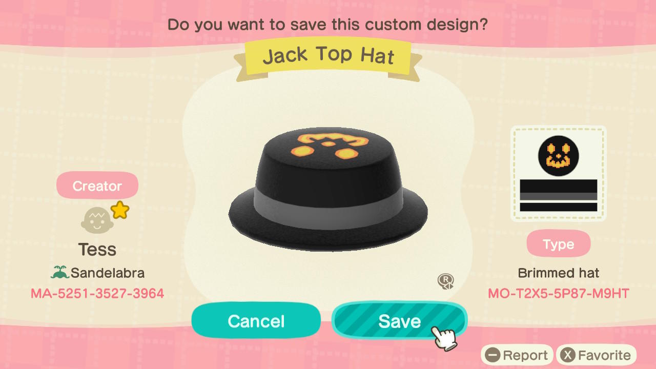 Animal Crossing Design Code: MO-T2X5-5P87-M9HT Jack Top Hat