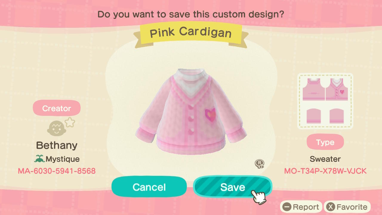 Animal Crossing Design Code: MO-T34P-X78W-VJCK Pink Cardigan