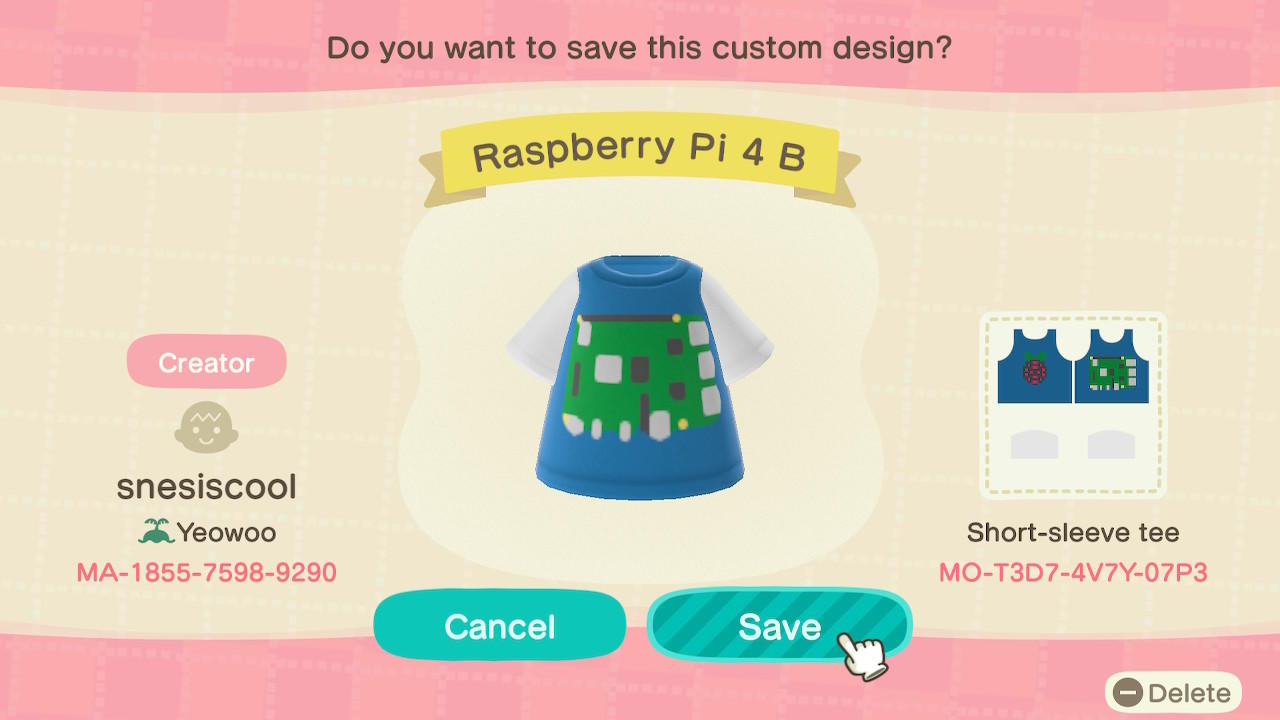 Animal Crossing Design Code: MO-T3D7-4V7Y-07P3 Raspberry Pi 4 B