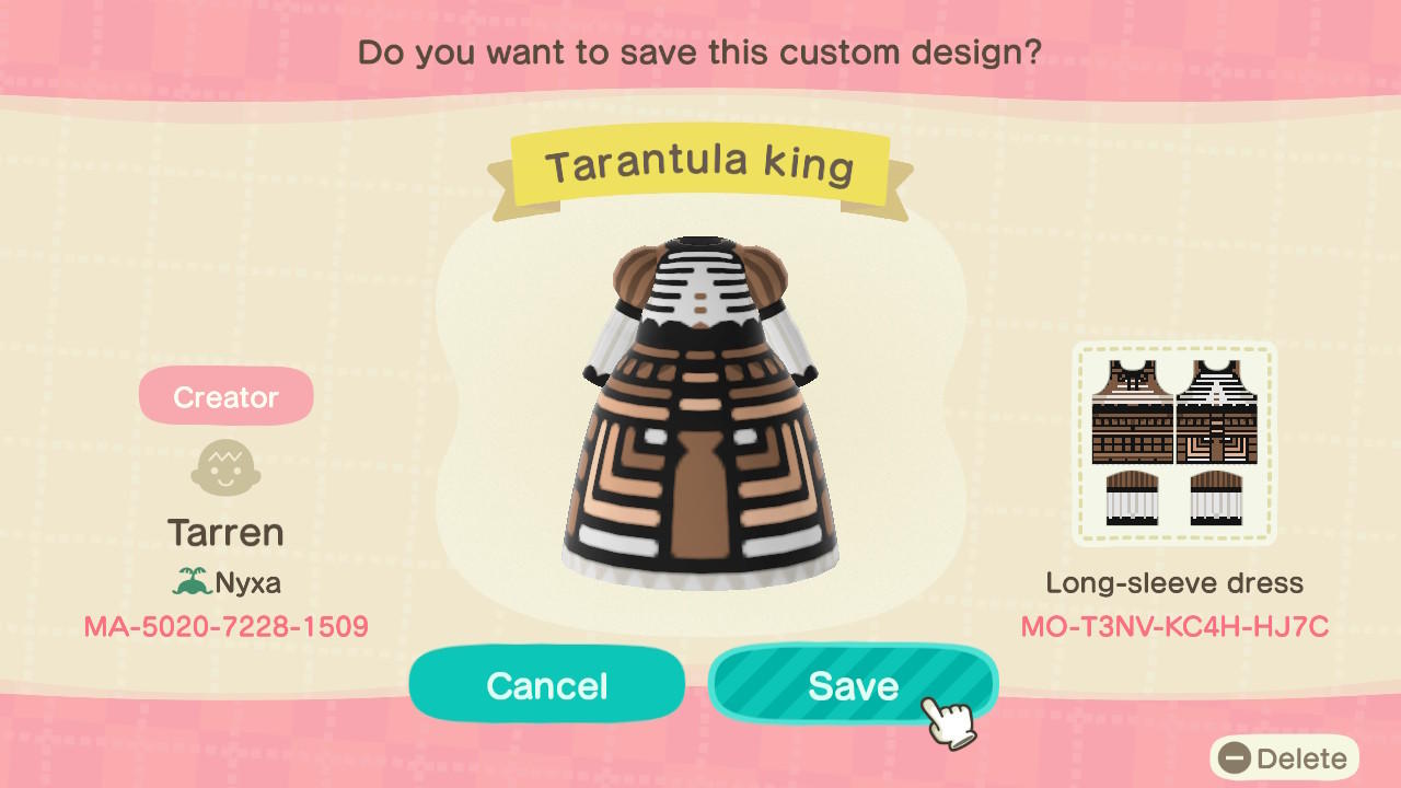 Animal Crossing Design Code: MO-T3NV-KC4H-HJ7C tarantula insp dress