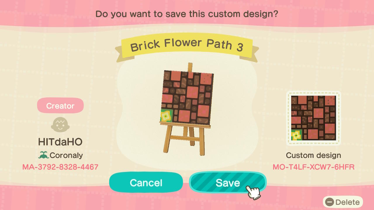 Animal Crossing Design Code: MO-T4LF-XCW7-6HFR Brick Flower Path 3