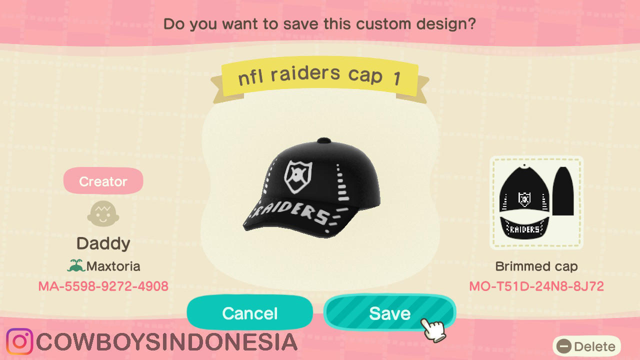 Animal Crossing Design Code: MO-T51D-24N8-8J72 NFL Raiders Cap 1