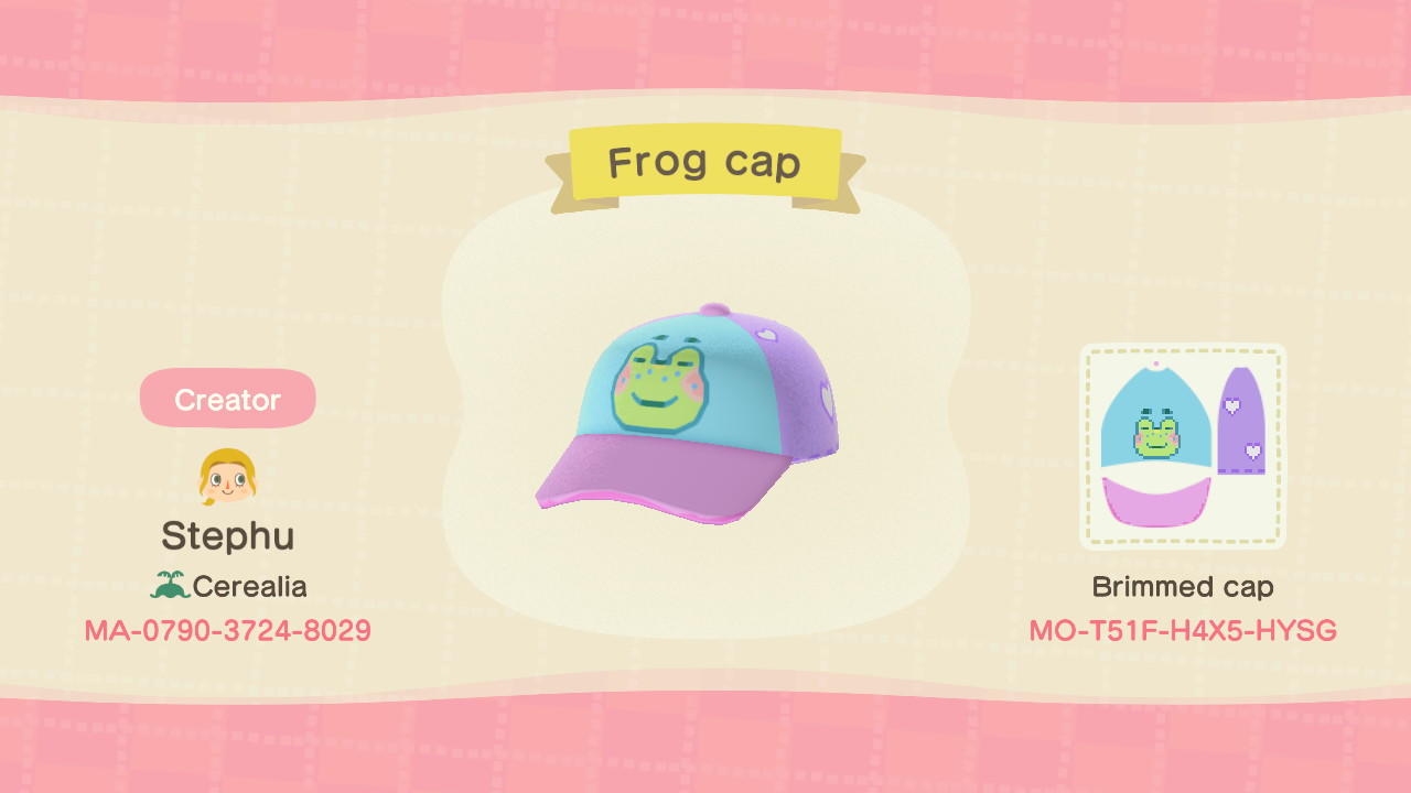 Animal Crossing Design Code: MO-T51F-H4X5-HYSG Frog cap