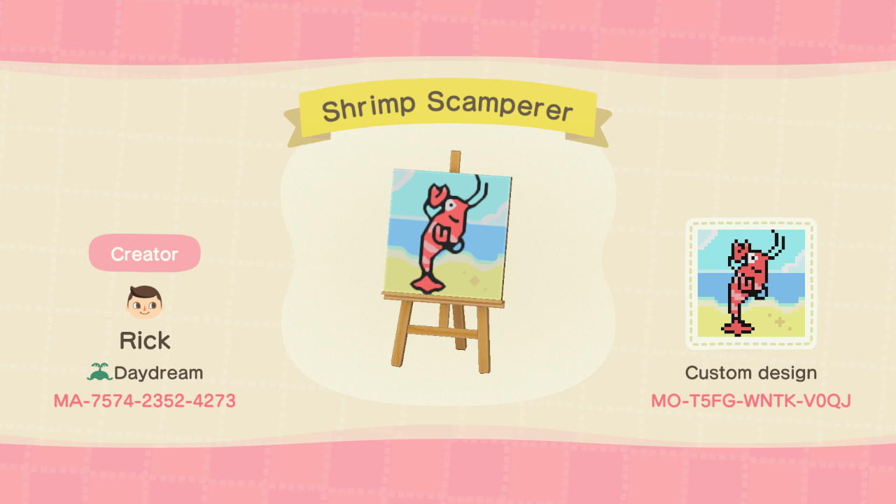 Animal Crossing Design Code: MO-T5FG-WNTK-V0QJ Shrimp Scamperer