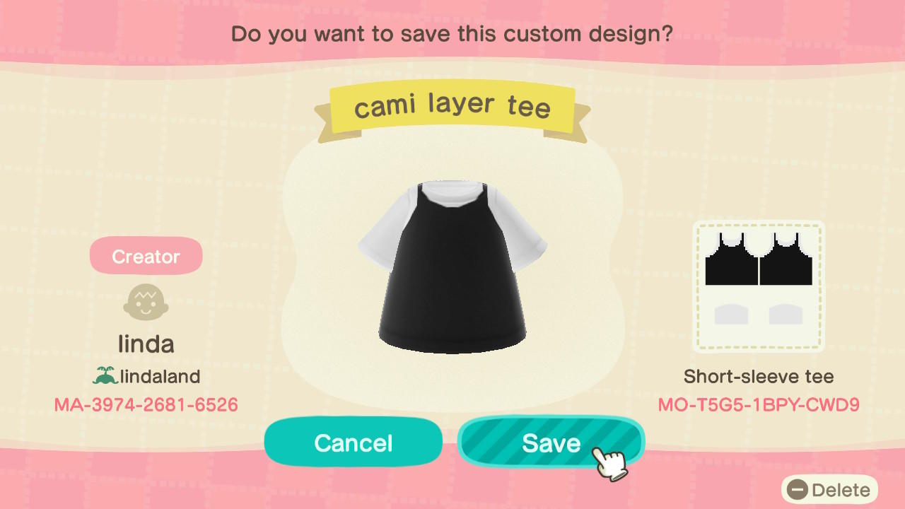 Animal Crossing Design Code: MO-T5G5-1BPY-CWD9 Cami Layer Tee