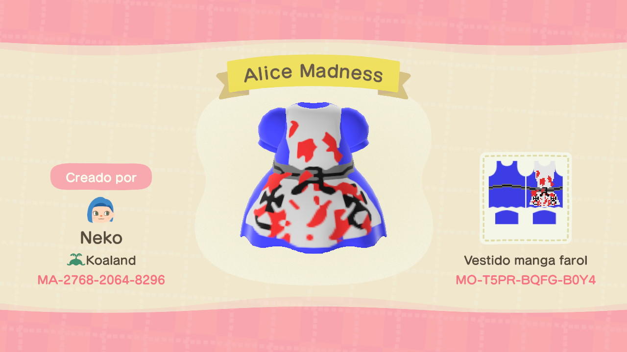 Animal Crossing Design Code: MO-T5PR-BQFG-B0Y4 Alice&#39;s Dress