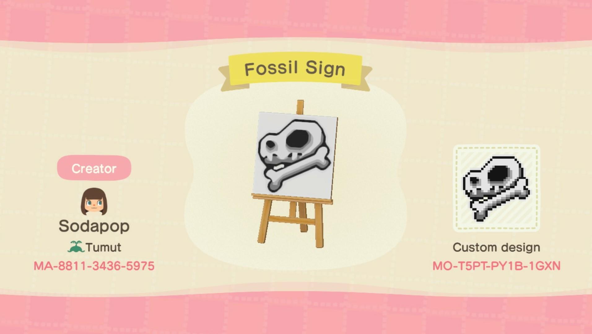 Animal Crossing Design Code: MO-T5PT-PY1B-1GXN Fossil Bones Sign