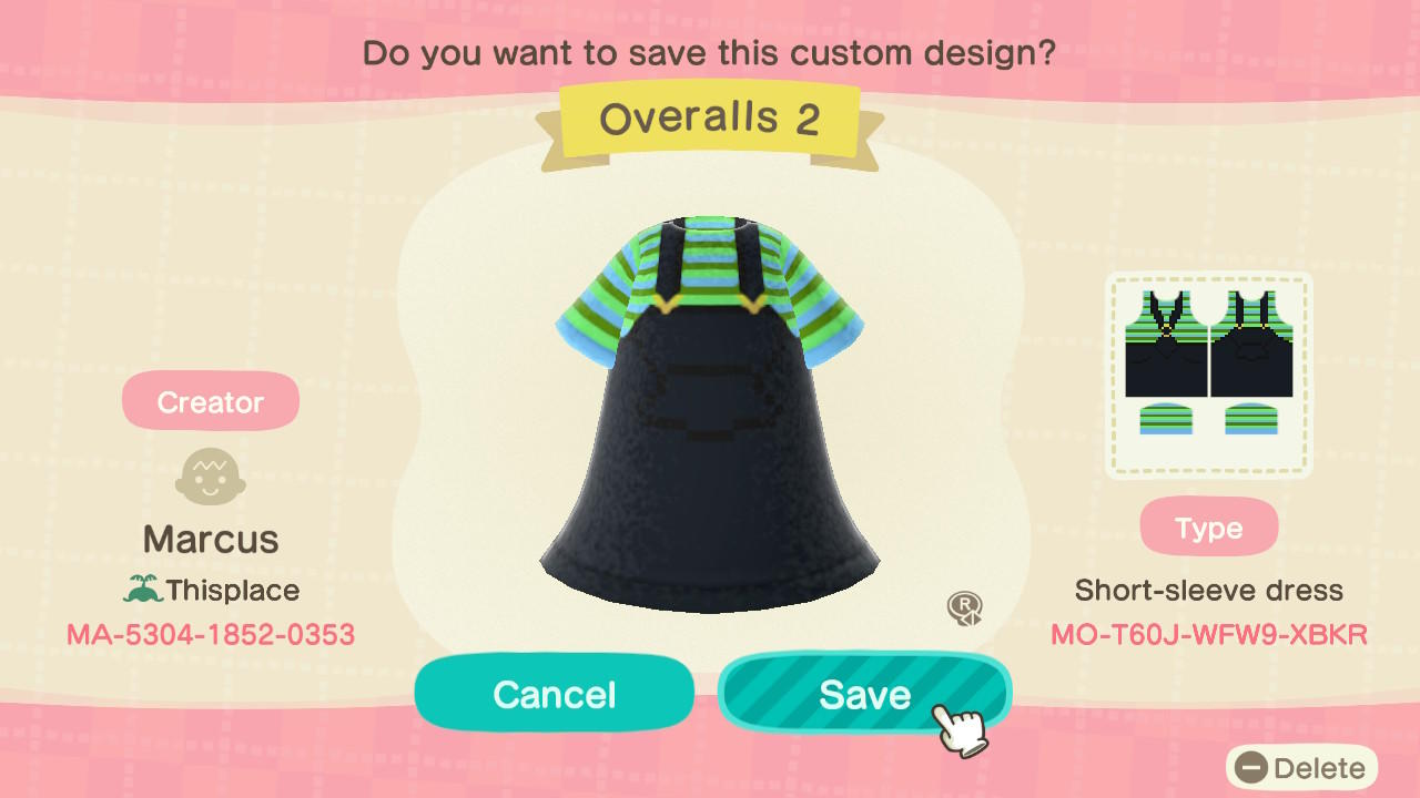 Animal Crossing Design Code: MO-T60J-WFW9-XBKR Overalls 2