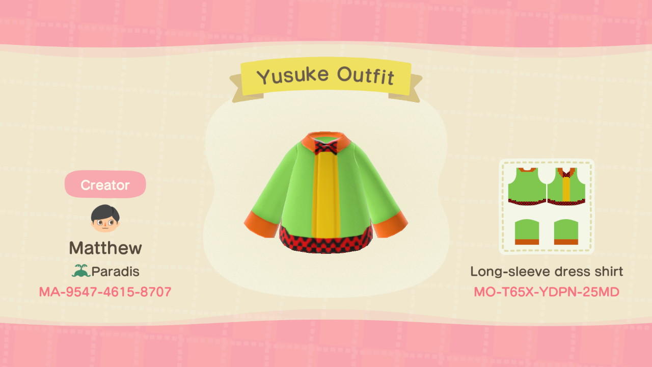 Animal Crossing Design Code: MO-T65X-YDPN-25MD Yusuke Outfit