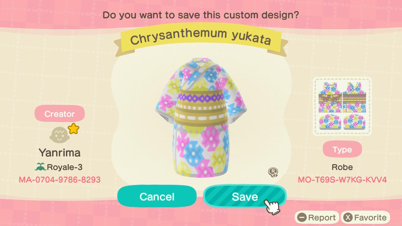 Animal Crossing Design Code: MO-T69S-W7KG-KVV4 Chrysanthemum yukata
