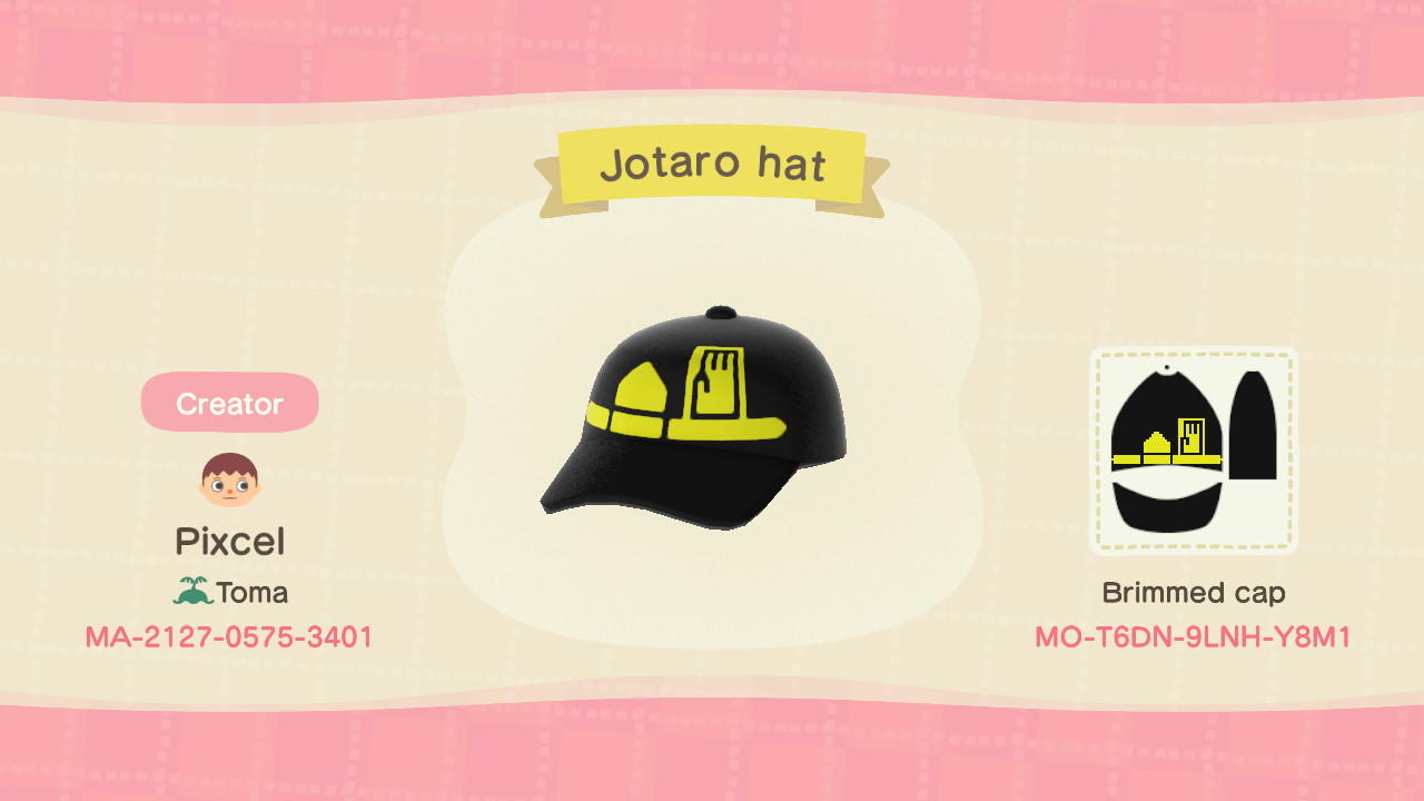 Animal Crossing Design Code: MO-T6DN-9LNH-Y8M1 Jotaro hat