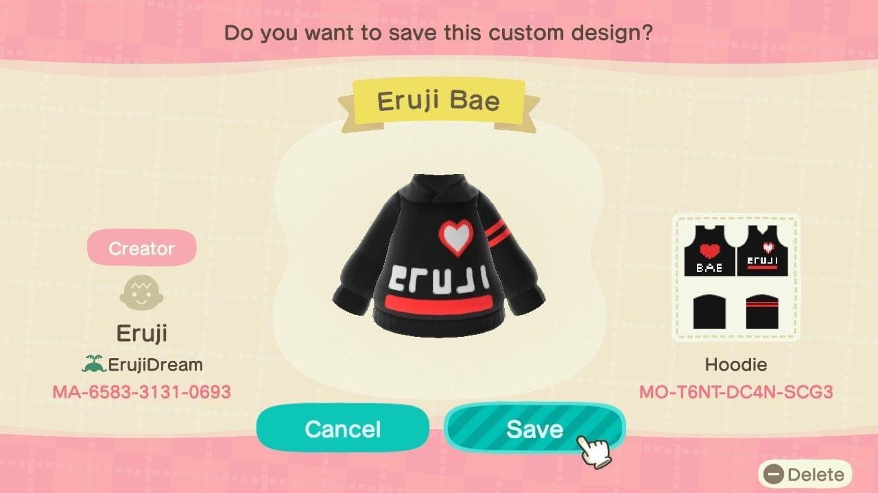 Animal Crossing Design Code: MO-T6NT-DC4N-SCG3 Eruji Bae Hoodie