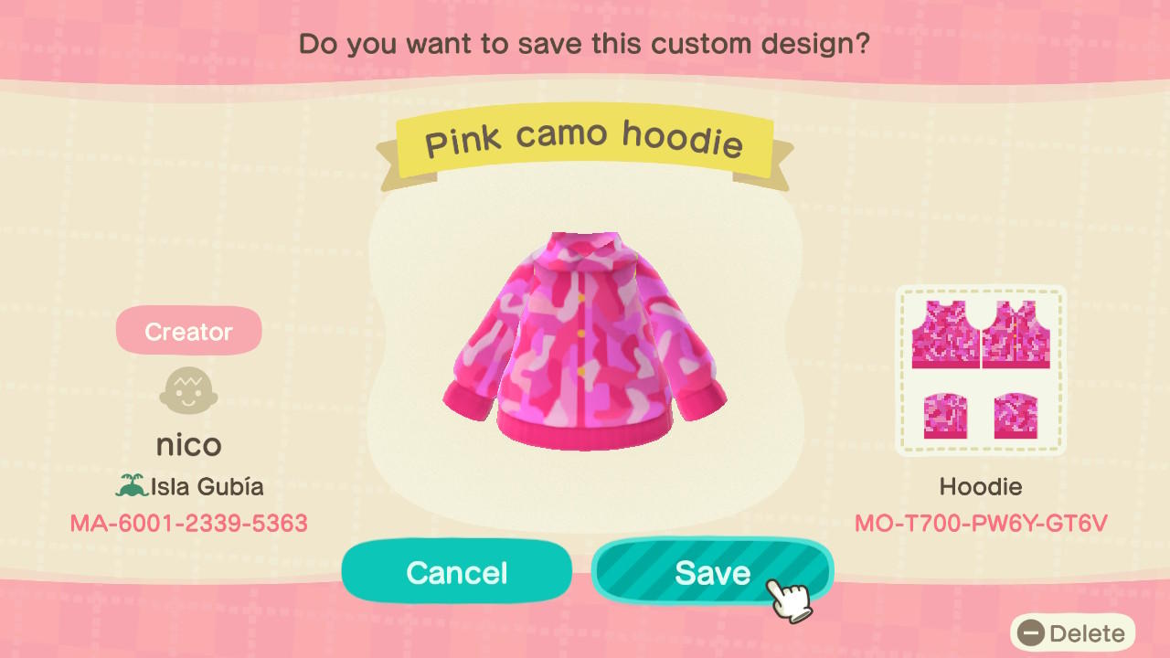 Animal Crossing Design Code: MO-T700-PW6Y-GT6V Pink camo hoodie