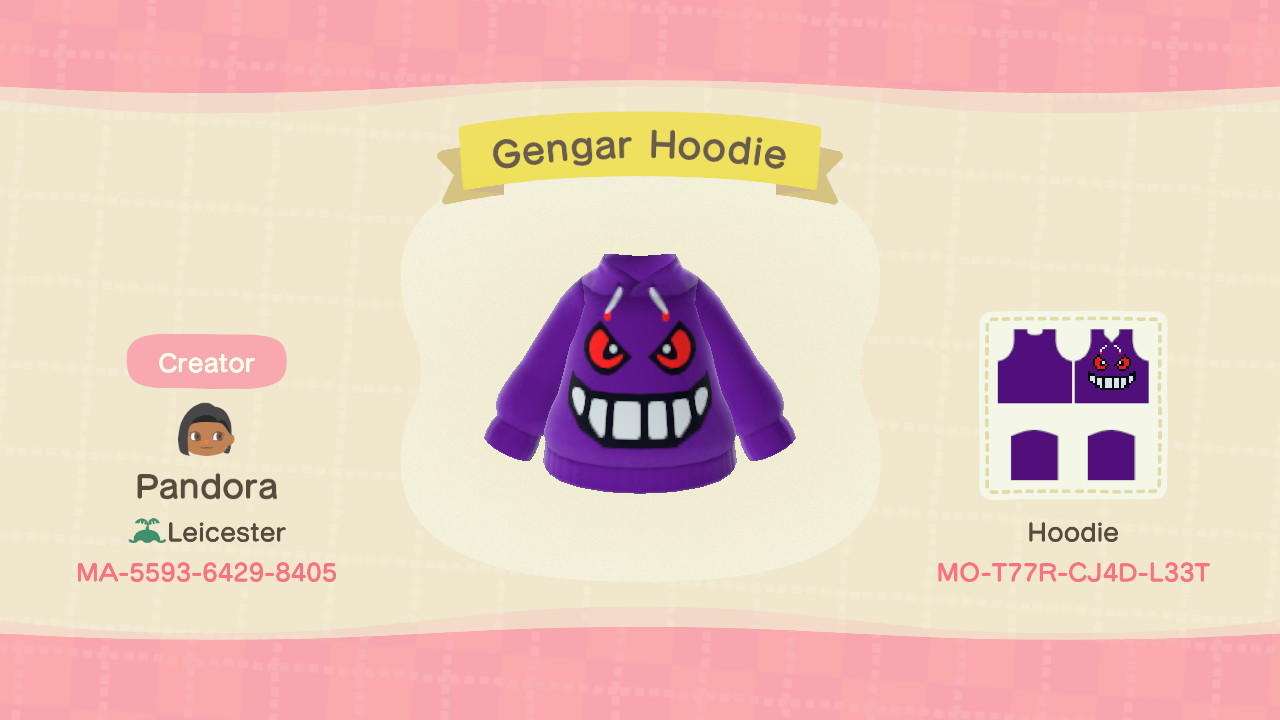 Animal Crossing Design Code: MO-T77R-CJ4D-L33T Gengar Hoodie