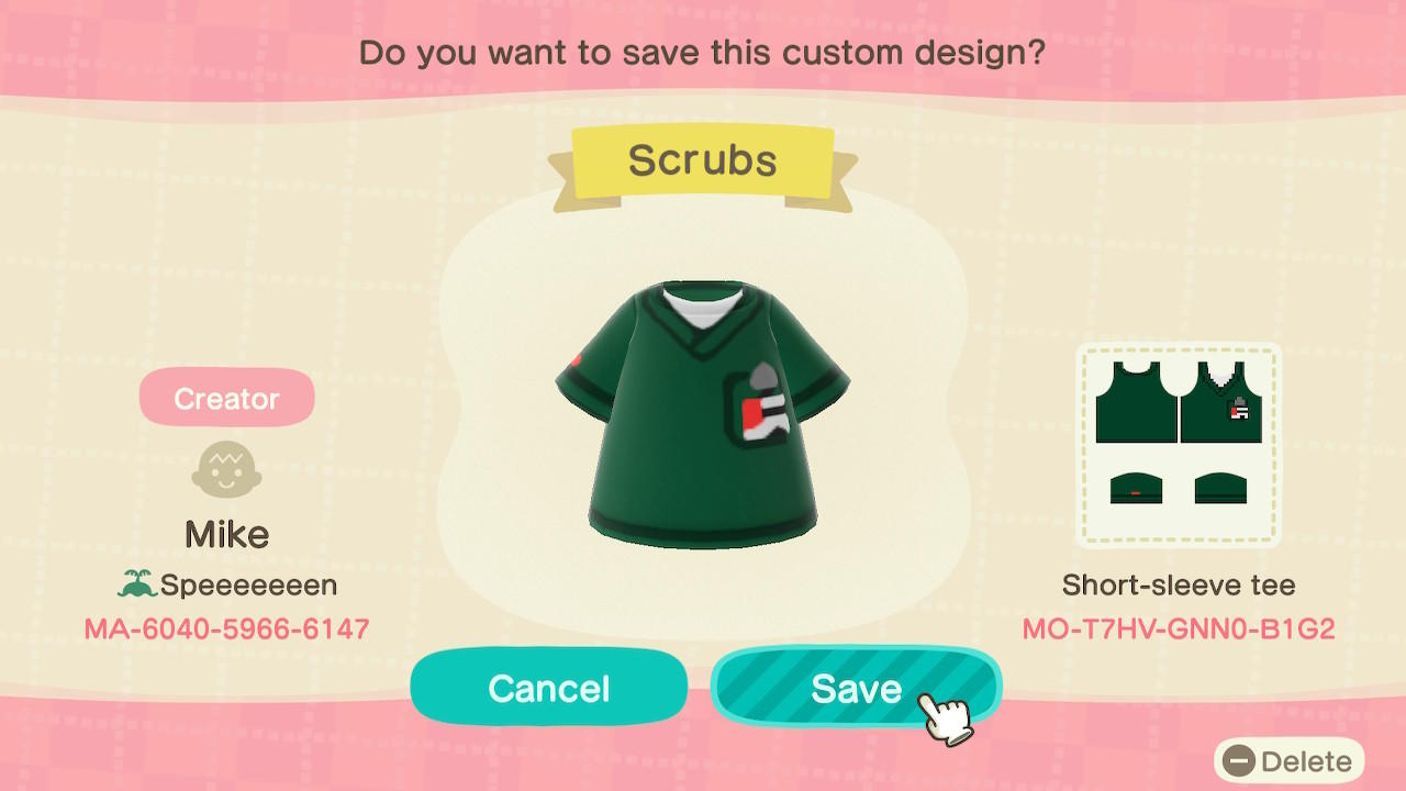 Animal Crossing Design Code: MO-T7HV-GNN0-B1G2 Scrubs