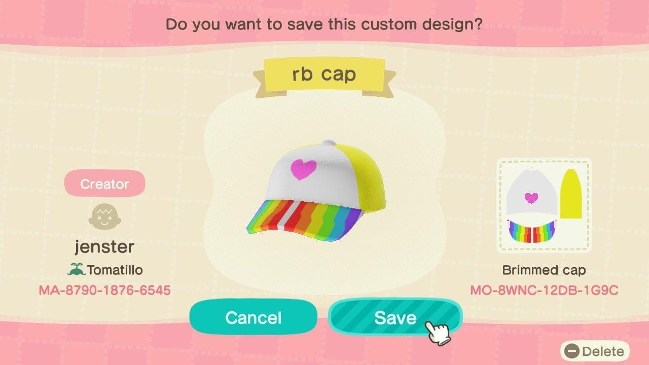 Animal Crossing Design Code: MO-T8FY-04DM-L3N0 Rainbow Cap