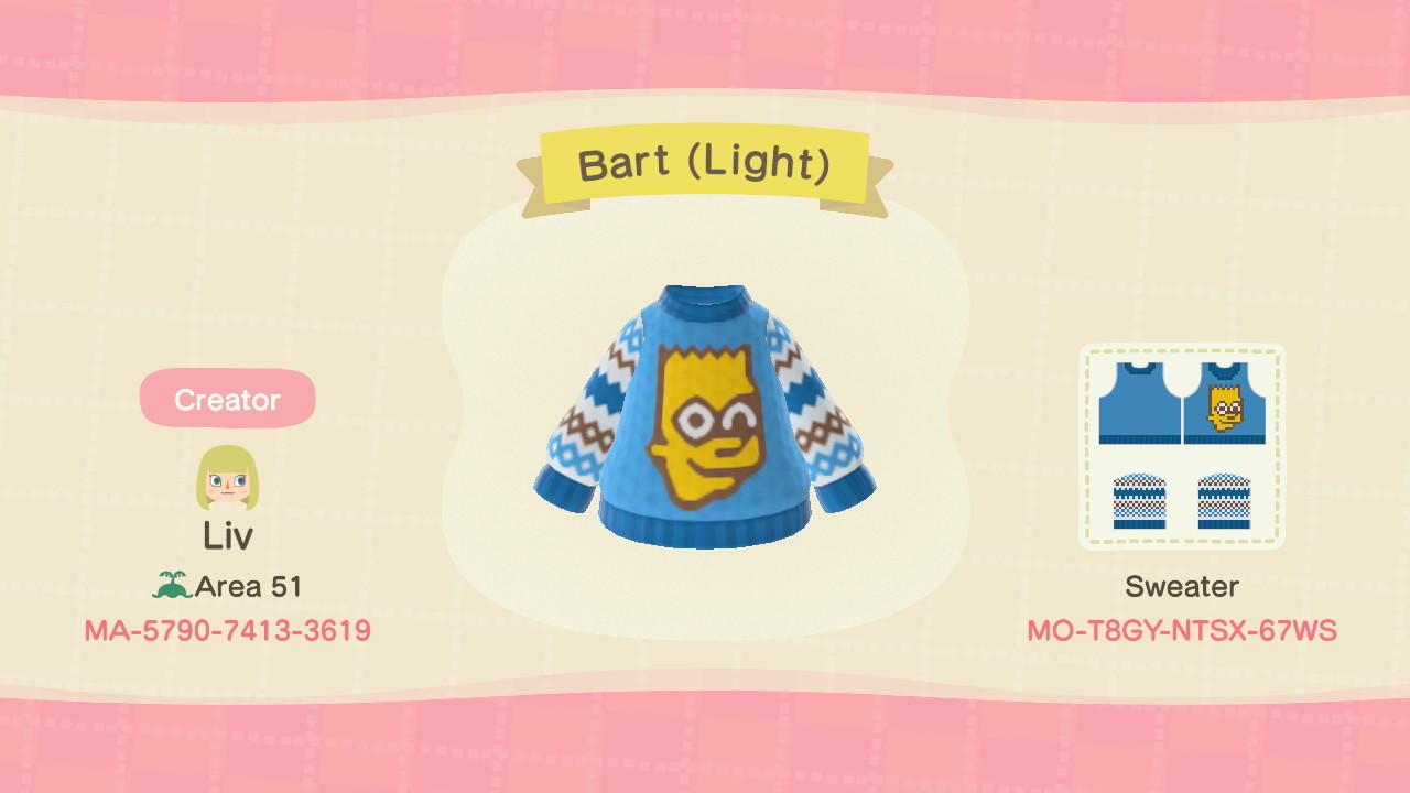 Animal Crossing Design Code: MO-T8GY-NTSX-67WS Bart (Light)
