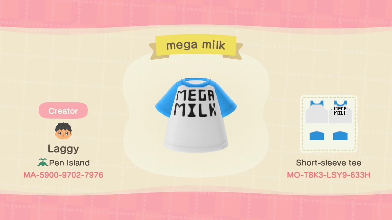 Animal Crossing Design Code: MO-T8K3-LSY9-633H Mega Milk