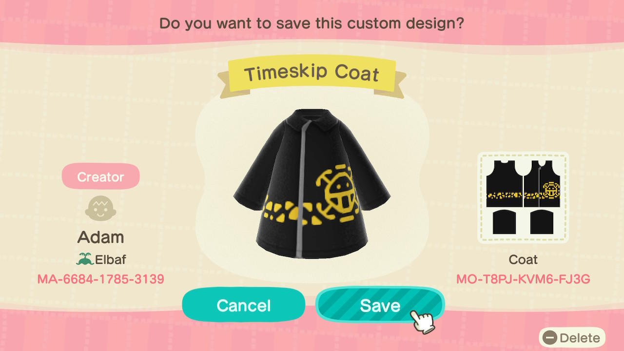Animal Crossing Design Code: MO-T8PJ-KVM6-FJ3G Law Timeskip Coat