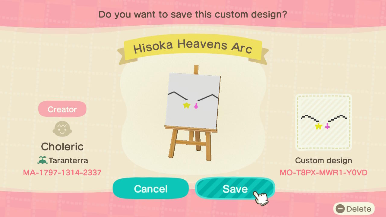 Animal Crossing Design Code: MO-T8PX-MWR1-Y0VD Hisoka Heavens Arc