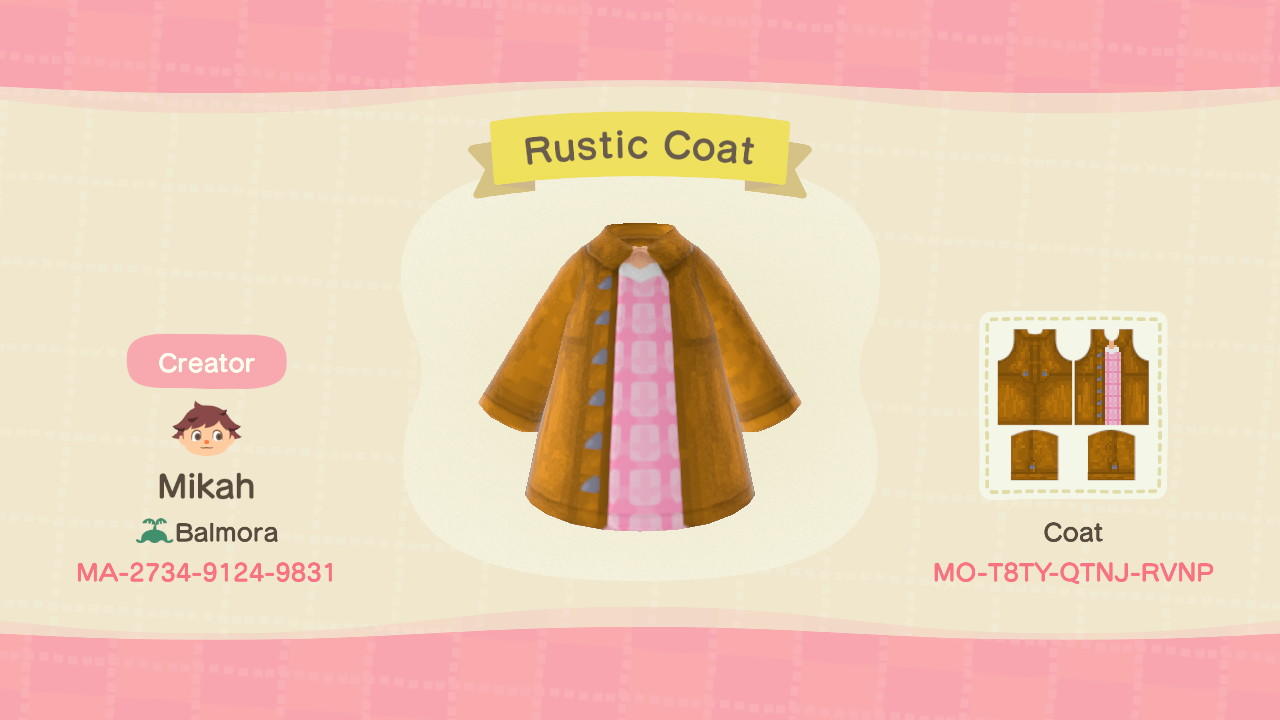 Animal Crossing Design Code: MO-T8TY-QTNJ-RVNP Rustic Coat